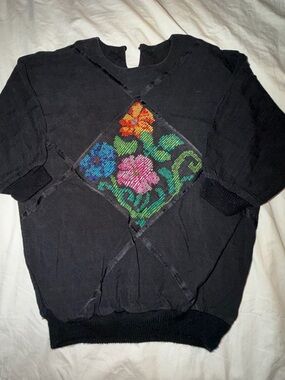 Nebaj Black top with Colorful Floral Embroidered Patch made in Guatemala